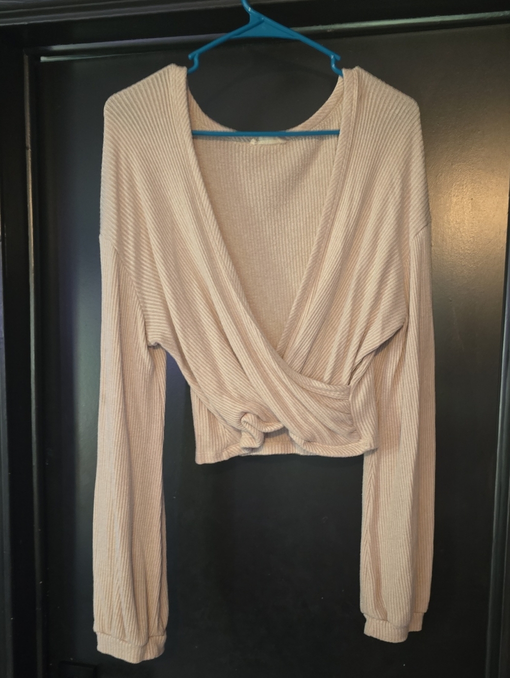 Ribbed Wrap-Front Crop Top Sweater in Soft Beige